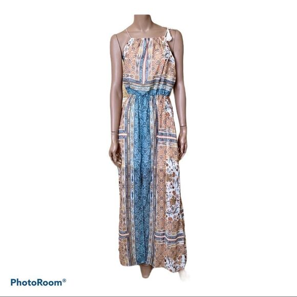 Zara boho tan blue print chiffon maxi dress Size S - Picture 1 of 15